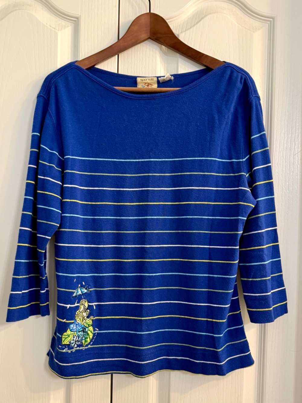 Blue Striped Crewneck Sweater with Adorable Beaded Frog Patch